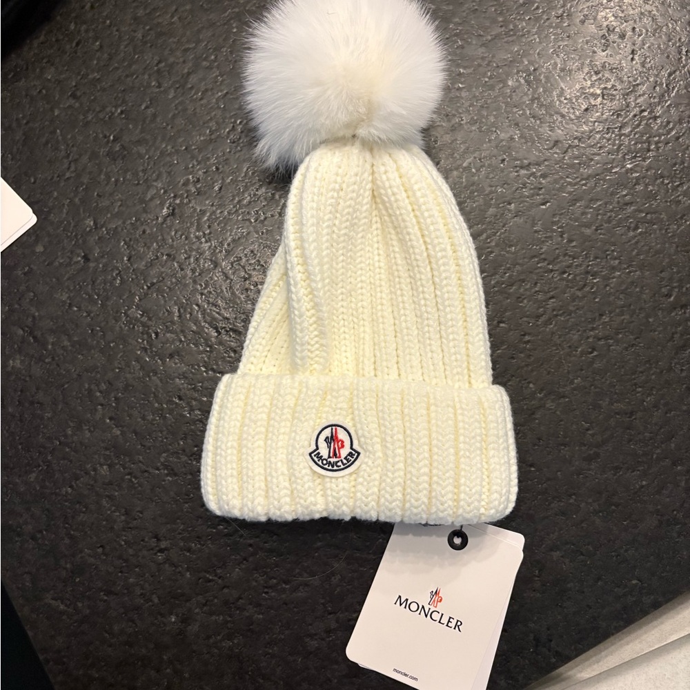 Moncler Cream Knit Beanie with Pom Pom